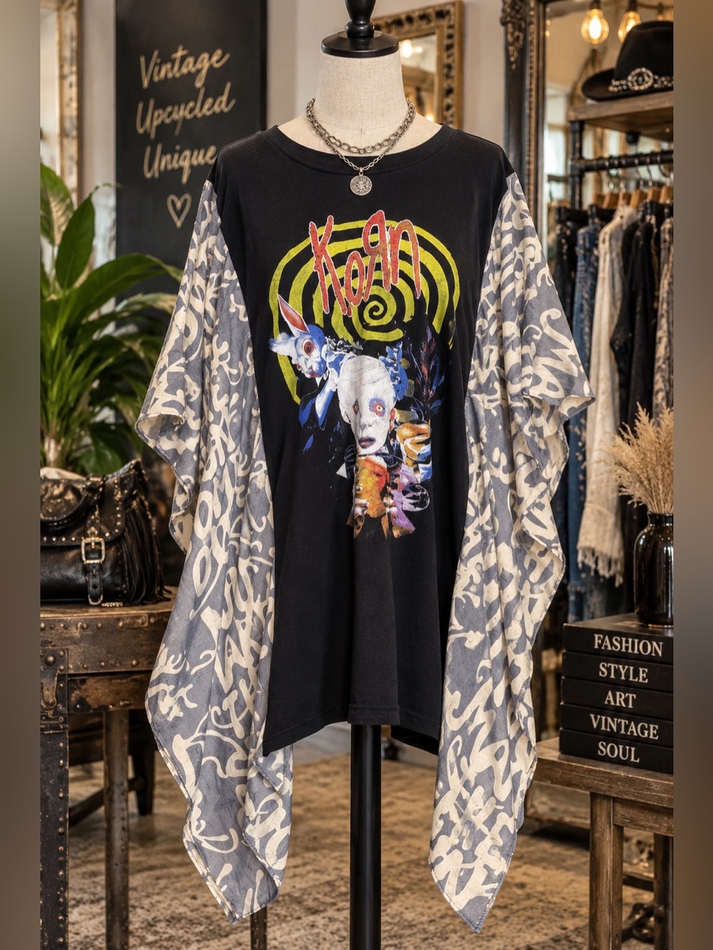Korn graphic  Draped upcycle one of one Sleeve Women’s Top - Black with Gray
